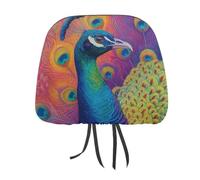 Colorful Peacock with Beautiful Feathers Printed Car Headrest Cover,2 Pieces, Elastic Comfort Head Rest Cover for Women Men, Universal Fits Most Cars Van SUV Truck, Car Interior Decor Accessories