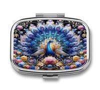 Colorful Peacocks Pill Box 2-Compartment Portable Pill Case Square Metal Medication Organizer Small Weekly Medication Case with Mirror Stylish Vitamin Holder for Purse Pocket Travel