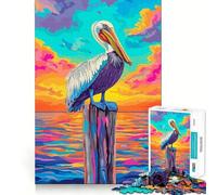 Colorful Pelican on Post at Sunset 1000 Pieces Puzzles for Teenagers Stress Free, Accurate Edge, Happy Challenge, Game Night (38x26cm)