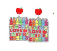 Colorful Pencil Crayon Earrings Funny Acrylic Shiny Book Apple Drop Dangle Earrings for Teachers Appreciation Day Gifts Creative Back to School Jewelry, M, Acrylic, No Gemstone