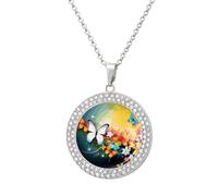 Colorful Personalized Picture with Butterfly Necklace, 20 Inch Personalized Circle Chain Necklace, Round Dog Tag Pendant for Memorial Photos, Keepsake for Day of, One size, Titanium Steel, Rhinestone