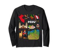 Colorful Peru Map and Culture Icons Travel Illustration Long Sleeve T-Shirt