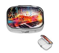 Colorful Piano Keyboard Music Note Pill Box 2 Compartment Square Portable Pill Case for Pocket or Purse Small Weekly Medicine Planner Travel Pillbox with Mirror Decorative Metal Vitamin Holder Gifts