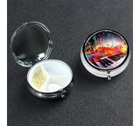Colorful Piano Keyboard Music Note Pill Box 3 Compartment Round Portable Pill Case for Pocket or Purse Small Weekly Medicine Planner Travel Pillbox with Mirror Decorative Metal Vitamin Holder Gifts