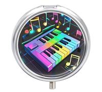 Colorful Piano Keyboard Music Note Pill Box 3 Compartment Waterproof Pill Case with Mirror Round Container Metal Medicine Box Organizer Portable Vitamin Case for Pocket & Purse Travel