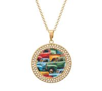 Colorful Pickup Trucks Funny Necklace With Printed Pendant Novelty Diamond Jewelry for Women Men Silver/Gold