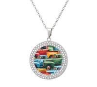 Colorful Pickup Trucks Funny Necklace With Printed Pendant Novelty Diamond Jewelry for Women Men Silver/Gold