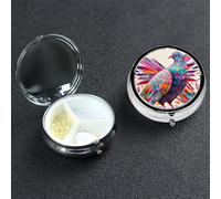 Colorful Pigeon Pill Box with Mirror 3 Compartment Decorative Pill Case for Purse or Pocket Small Round Pill Organizer Weekly Metal Medicine Tablet Vitamin Holder Travel Gift