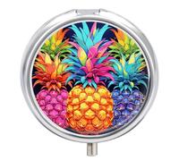 Colorful Pineapple Small Pill Case Round Weekly Pill Organizer with Mirror 3 Compartments Portable Travel Daily Pill Container Cute Pill Box for Fish Oil Supplements