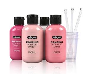 Colorful Pink Series Acrylic Pouring Paint Set, 3.34 oz./100 ml Bottles of 4 Colors with Cups, Sticks & Gloves, Fluid Ready Pour Paints Perfect for DIY Arts and Crafts Projects