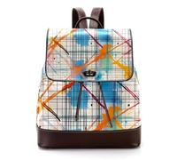 Colorful Plaid Pattern Crossing Lines and Thin Stripes Women Laptop Backpack, PU Leather Daypack Fashion Rucksack Travel Shoulder Bag