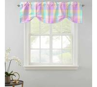 Colorful Plaid Tie Up Valances Curtain, Simple Pink Plaid Pastoral Geometric Adjustable Rod Pocket Short Window Treatment Tie Up Curtains Valances for Kitchen Living Room Bathroom 42x12 Inches