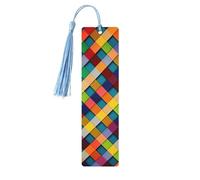 Colorful Plaid Wooden Bookmark 5pcs for Book Lovers,DIY Wood Craft Bookmarks with Colorful Tassels Wooden Gift Tags Labels Rectangle Bookmarks Ornaments Unusual Gift for Men Women