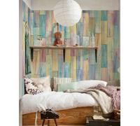 Colorful planks photo wallpaper yellow purple blue green non-woven 12x8 ft