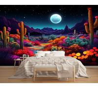 Colorful Plants and Cacti Wallpaper Mural 366x254cm Full Moon and Starry Sky Wallpaper 3D Silk Mural Office Bedroom Living Room Apartment Not Self-Adhesive