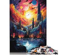Colorful Psychedelia of Surreal Cityscape Puzzle Family Fun Paper Rectangular Jigsaw Puzzle for Kids And Adults Age 12 Years Up Birthday Present 1000pcs (75x50cm)