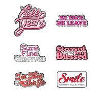 Colorful Quote Brooch Pins Set - Alloy Lapel Pin Badges with Fun Sayings “Hell Yeah”, “Be Nice or Leave”, “Sure Fine Whatever”, “Stressed but Blessed”, Trendy Blouse Pins for Jacket, Shirt, Backpack