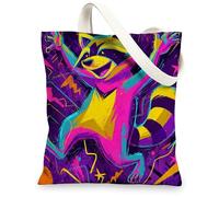 Colorful Raccoon Canvas Tote Bags, Fun Graphic Design Reusable Grocery Bags, Lightweight Washable Shoulder Strap Canvas Bags for Gym Outdoor Travel Beach Picnic 13x15 Inch