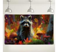 Colorful Raccoon Nature Backdrop, Fanciful Forest Art Print Photography Background, Autumn Wildlife Decorations for Parties or Events 71x43 Inch