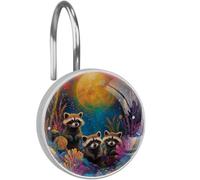 Colorful Raccoons Moon Shower Curtain Hooks, Decorative Rust Proof Stainless Steel Shower Curtain Rings for Bathroom Decor Set of 12