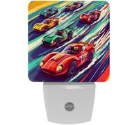 Colorful Race Cars on The Racing Track LED Night Lights Dusk to Dawn Sensor, 0.5W Plug-in Night Lights Lamp for Hallway Stairway Kids Room Bedroom, 2 Pack
