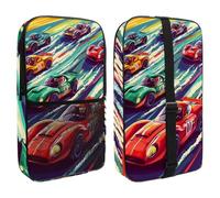 Colorful Race Cars on The Racing Track Pickleball Paddle Cover with Mesh Pocket for Accessories, Fits 2 Paddles and 4balls