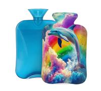 Colorful Rainbow Clouds Dolphin Hot Water Bottle with Cover, 2L PVC Hot Water Bag for Pain Relief, Hand Foot Warmer, Hot & Cold Therapy with Removable Cover, Gift for Women Kids Family