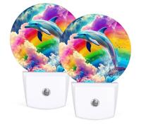 Colorful Rainbow Clouds Dolphin LED Night Light, Dusk to Dawn Sensor Automatic Dimmable Plug-in Night Light for Bedroom Bathroom Kids Room Hallway Stairway 2 Pack
