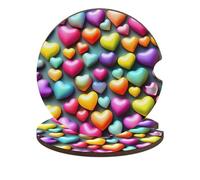 Colorful Rainbow Hearts Car Cup Holder Coasters 2-Pack Absorbent Wood & Cork Coasters for Car Cup Holders, Festive Car Accessories for Women & Men