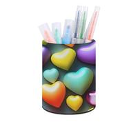 Colorful Rainbow Hearts Pen Holder, Pencil Holder Desktop Stationery Organizer Round Leather Pencil Cup Makeup Brush Storage Box for Office Home And Stationary Supplies