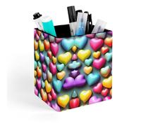 Colorful Rainbow Hearts Pen Holder, Pencil Holder Desktop Stationery Organizer Square Leather Pencil Cup Makeup Brush Storage Box for Office Home And Stationary Supplies
