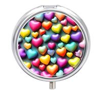 Colorful Rainbow Hearts Pill Box 3 Compartment Small Pill Case for Purse Or Pocket Mini Metal Pillcase Medicine Organizer, Round Daily Medicine Container to Hold Vitamins, Fish Oil
