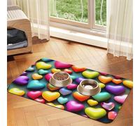 Colorful Rainbow Hearts Print Pet Food Mat Absorbent Non Slip PU Leather Feeding Mat for Dogs Cats Rubber Bottom