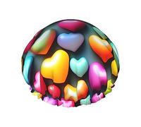Colorful Rainbow Hearts Reusable Shower Cap,Double Layer Water Shower Non Wetting Hair Cap,Large Size For All Hair Lengths