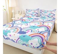Colorful Rainbow Kids Fitted Sheet King Size 3 Pcs,Cartoon Clouds Stars Graffiti Decor Bedding Set for Boys Girls Teens,Romantic Hearts Hippie Boho Bed Sheet with 2 Pillowcases(No Top Sheet)