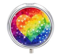 Colorful Rainbow Love Heart Pill Box Travel Pill Case for Purse Pocket Weekly Medicine Organizer with Mirror 3 Compartment Round Medicine Case Portable PillcaseHolder for Daily
