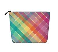 Colorful Rainbow Multicolor Plaid Stripes, Cosmetic Bag Imitation Linen Makeup Bag Portable Travel Toiletry Bag