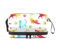 Colorful Rainbow Silhouettes of Cat and Paws Double Layer Cosmetic Bag for Women and Girls, Travel Toiletry Bag Makeup Handy Pouch Organiser Bag with Brush Compartment