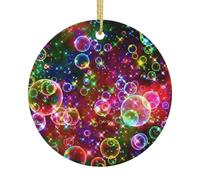Colorful Rainbow Stars Print 2.9in Christmas Tree Ornament Xmas Ceramic Festive Home Round Shaped Hanging Decor