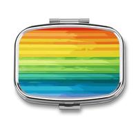 Colorful Rainbow Stripe Pill Box 2 Compartment, Portable Pill Case with Mirror for Pocket Purse Travel, Mini Metal Medicine Organizer for Vitamins Fish Oil