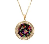 Colorful Rainbow Weed Leaves Plant Multicolored Diamond Necklace Dainty Round Pendants Jewelry for Women Golden-style