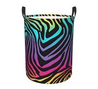 Colorful Rainbow Zebra Large Laundry Basket Waterproof Oxford Fabric Collapsible Laundry Hamper With Handle, Round Folding Dirty Clothes Washing Storage Baskets For Bedroom Bathroom Dorm Living Room
