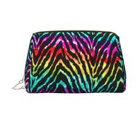 Colorful Rainbow Zebra Leather Toiletry Organizer Bag, Travel-Friendly Makeup Pouch for Women
