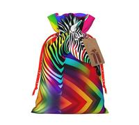 Colorful Rainbow Zebra Print Festive Red Drawstring Bag, Small Favors Pouch Ideal For Christmas Party Gifting-S Size