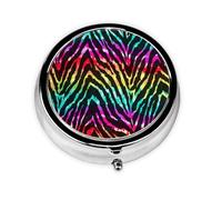 Colorful Rainbow Zebra Print Mini Metal Pill Box 2.0x2.0x0.7 in Round Travel Medicine Pill Organizer Box for Purse Pocket