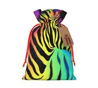 Colorful Rainbow Zebra Printed Christmas Drawstring Bags Reusable Bag for Party Xmas Gift Wrapping, Red Ribbon, S