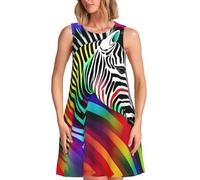 Colorful Rainbow Zebra Womens Summer Sleeveless Casual Dress, Swing Beach Sundress Knee Length with Pockets, Black, XXL