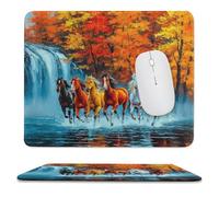 Colorful Realistic Horse Non-Slip Mousepad,Rustic Oil Painting Autumn Forest Maple Leaves Waterfall Horses with Most Types of Mouse,Stitched Edges for Decoration 25x30 cm