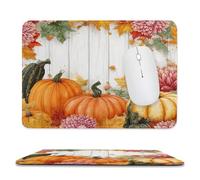Colorful Realistic Pumpkin Stitched Edge Mouse Pad,Rustic Wooden Boards Fall Thanksgiving Maple Leaves Flower Soft Mousepad with Non-Slip for Office,Home 11.8"x9.8"
