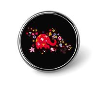 Colorful Red Elephants With Flowers On Black Round Brooch Pin, Unisex Smooth Surface Lapel Tie Pin, Lightweight Badge Jewelry Crafts Decor for Costume Accessory Men Women